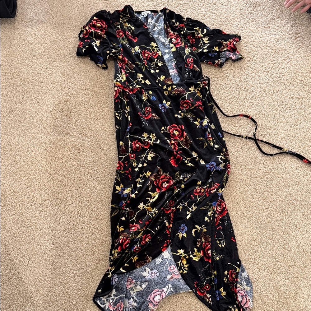 Velvet Floral Black Wrap Dress